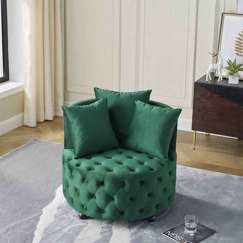 Roomfitters Velvet Swivel Chair with Tufted Button Design, Round Accent Chair with 3 Pillows and Wheels, Lounge Seating