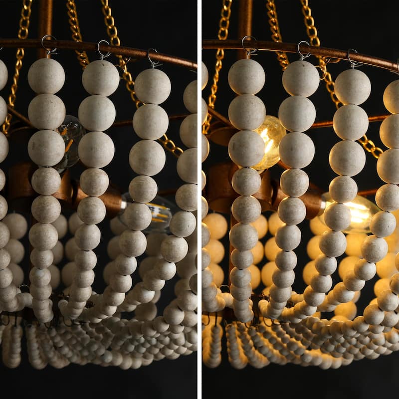 Renia Modern Glam Distressed Wood Beaded Coastal Chandelier 3-light French Country Antique Brass Kitchen Bedroom Lights