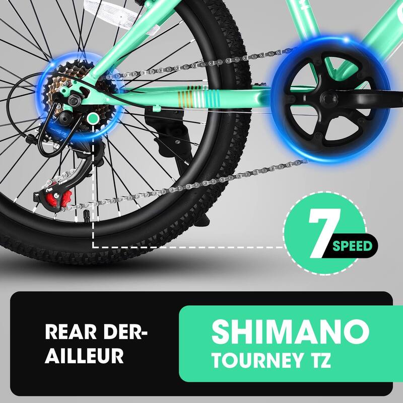 20 Inch Kids Mountain Bike Height Carbon Steel Frame 7 Speed Bicycles, Front Suspension Disc Brake Rear V-Brake for Kids, Teens