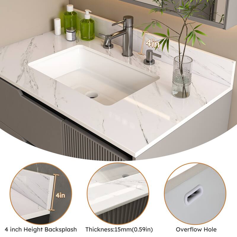 Roomfitters 37 Inch Bianco Carrara Venato Vanity Top with Rectangular Undermount Sink, Sintered Stone Counter, White