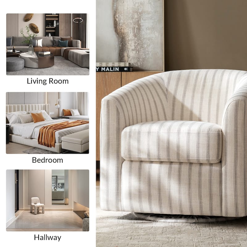 Cuenca Modern Living Room Wooden Upholstered 360° Swivel Barrel Chair with Metal Base and Wide Backrest