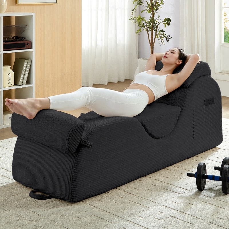 Mixoy Corduroy Yoga Chaise Lounge Chair,Curved Yoga Sofa with Movable Headrest/Waist Cushion/Footrest,Non-Slip Bottom