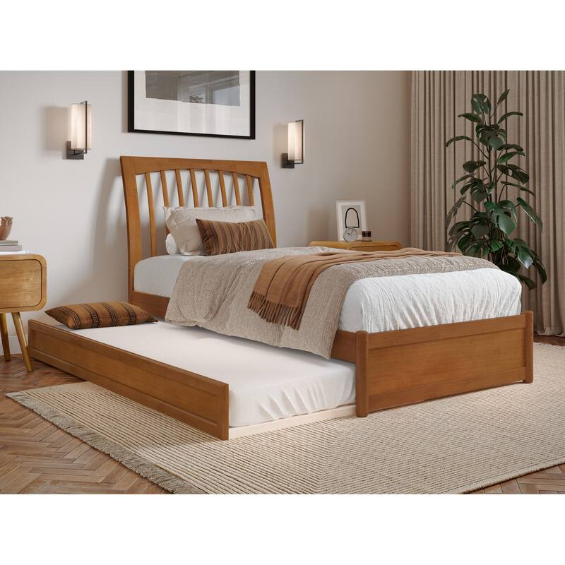 Roslyn Platform Bed with Modern Panel Footboard and Twin XL Trundle - Light Toffee - Twin XL