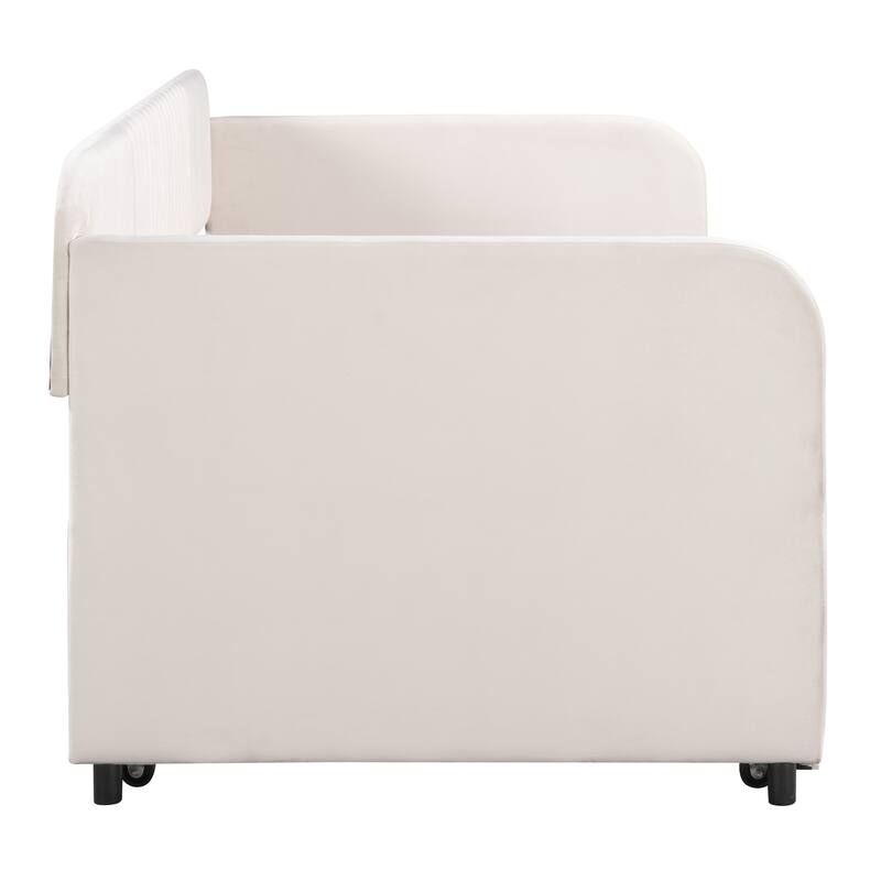 Twin Upholstered Daybed with Trundle Bed - Velvet Fabric Sofa Bed with Wood Slats, for Small Spaces, No Box Spring Needed