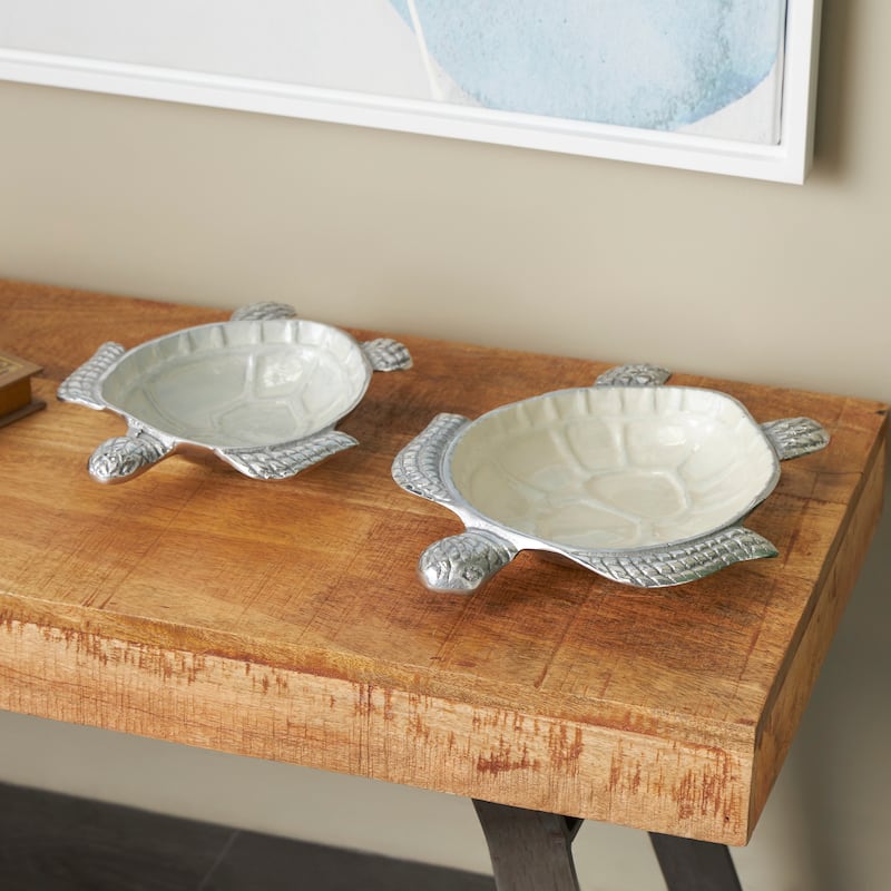 Aluminum Metal Enameled Turtle Decorative Bowl with Silver Metal Exterior (Set of 2)