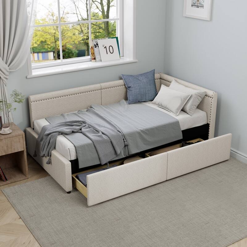 Modern Style Twin Size L Shape Corner Bed, Linen Upholstered Daybed with Two Storage Drawers