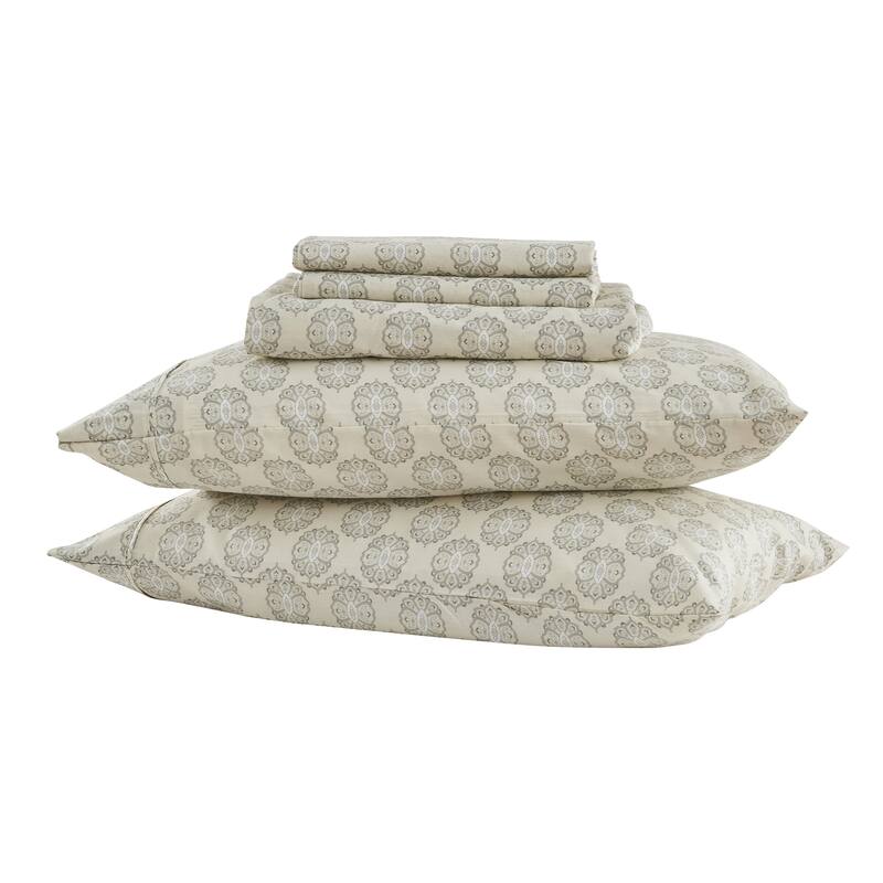 Patina Vie Maison Cotton & Rayon from Bamboo Blend Printed Sheet Set - Queen - Grey Medallion