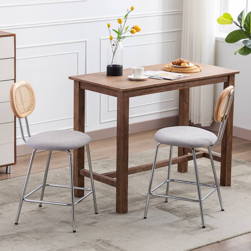 Fabric Rattan Back Dining Chairs Counter Stools with Metal Legs - Counter Chairs - Grey