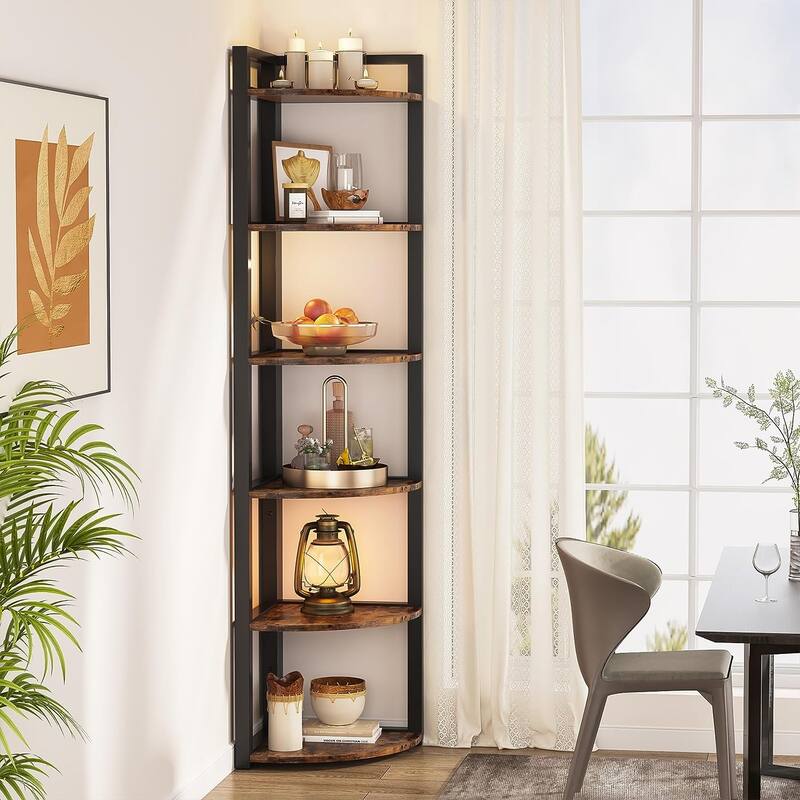 5 Tier Corner Shelves, Rustic Industrial Corner Bookshelf Bookcase