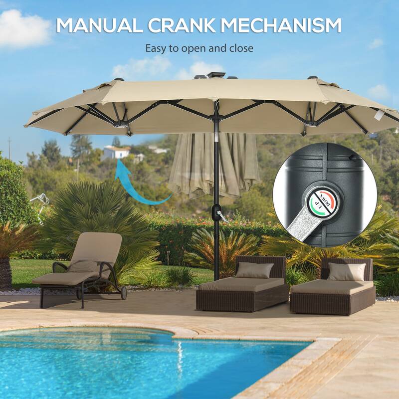 Outsunny Double-sided Patio Umbrella with Solar Lights and Sandbag Base, Outdoor Table Umbrella with Push Button Tilt, Crank