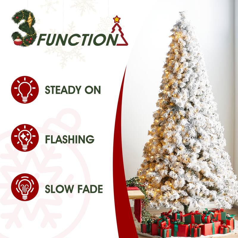 Glitzhome 7.5ft/9ft Pre-Lit Flocked Full Spruce Artificial Christmas Tree with C3 Lights Foot Switch