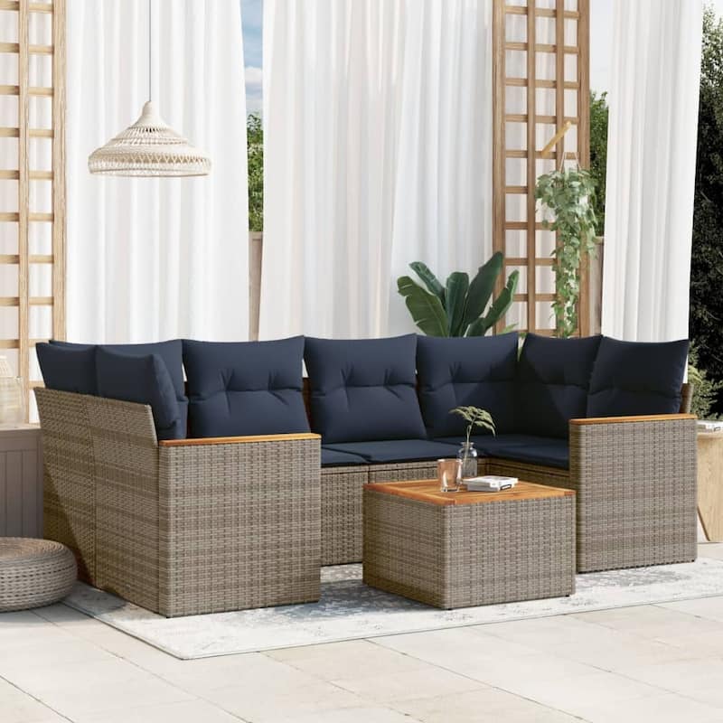 vidaXL Patio Sofa Set with Cushions Outdoor Furniture 7 Piece Poly Rattan - 24.4x 24.4x 27.2 - Grey and Blue