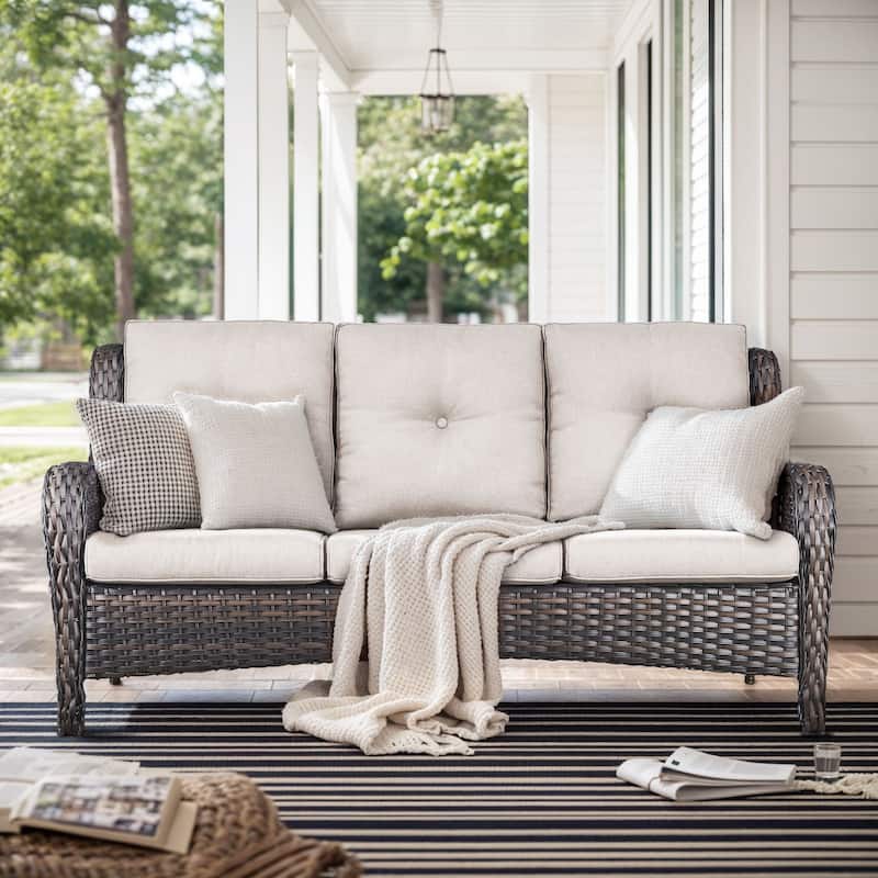 Gymojoy 3-Seat Outdoor Sofa, Durable All-Weather PE Wicker with Olefin Cushions - Brown Wicker / Beige Cusion - 1-Piece