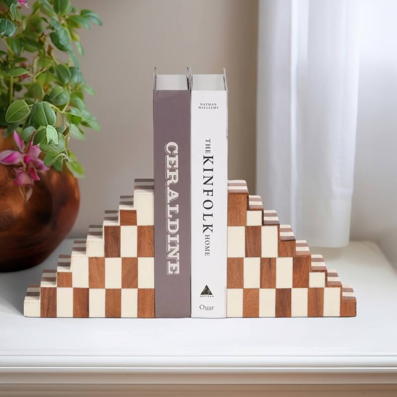 Modern Bookends with Wood and Resin Stair -Step Design - 6" Tan - 6" x 2.75" x 6"