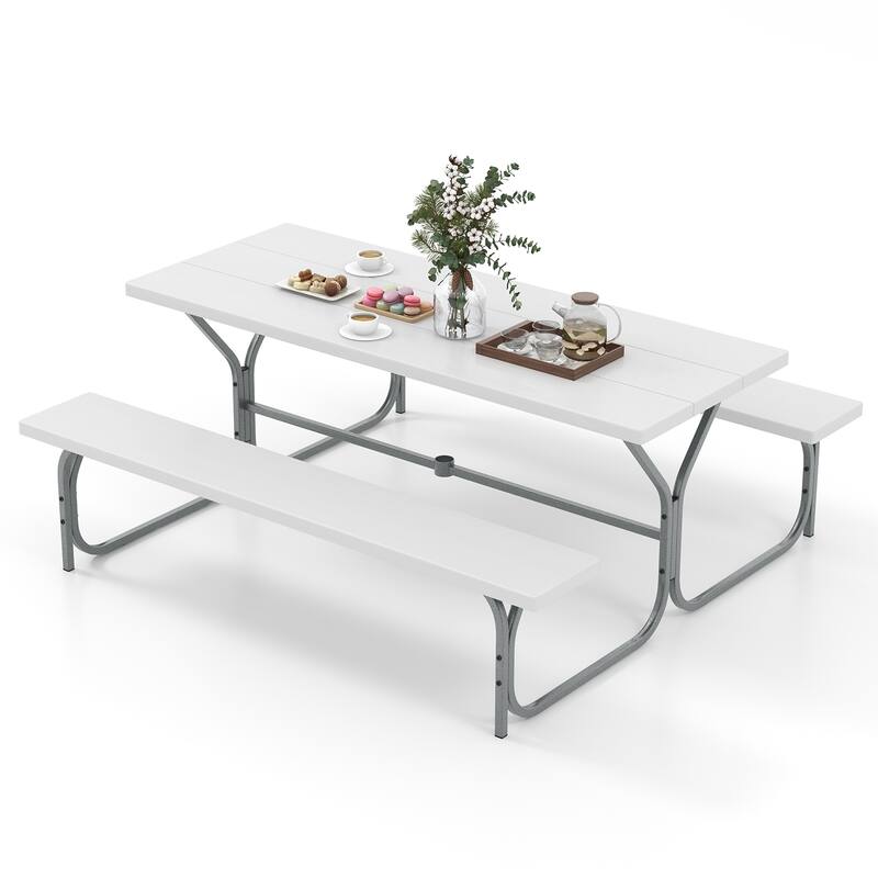 72 Inch 8-Person Outdoor Picnic Table and Bench Set with HDPE Wood-Texture Top and with Built-in Umbrella Hole