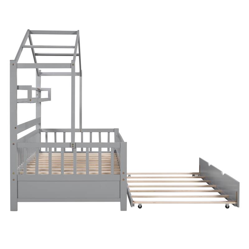 Cute Wooden Twin or Full House Bed with Trundle, Kids Bed Wood Platform Bed Frame with Safety Guardrail & Storage Shelf