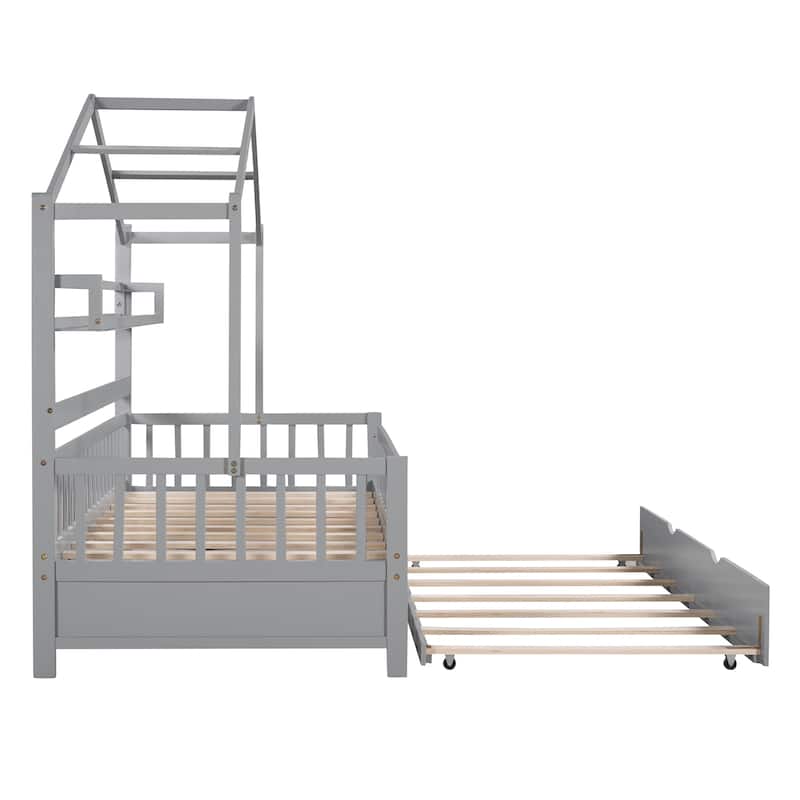 Wooden Twin Size Kids House Bed with Twin Size Trundle and Shelf