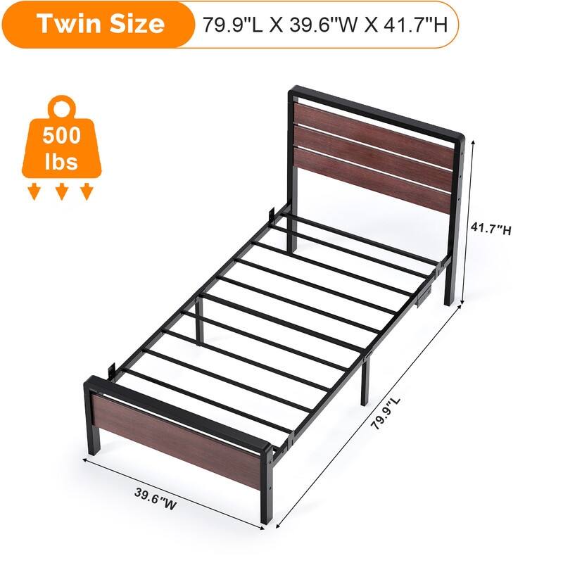 Bed Frame with LED Light and Charging Station, Metal Platform Bed with Wood Headboard