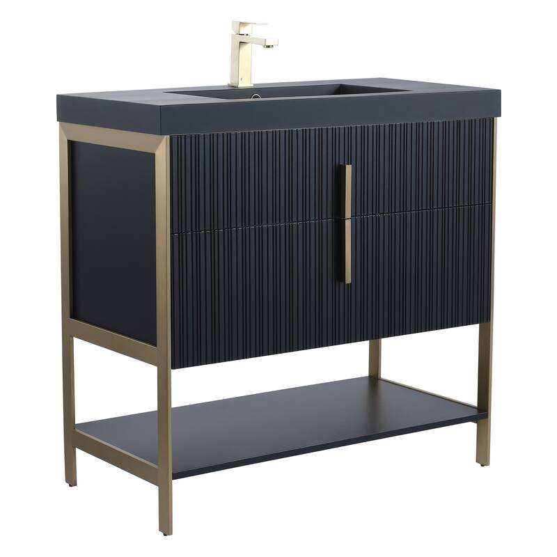 Fine Fixtures Serenity Modern Bathroom Vanity with Black Gel Acrylic Top - Black Matte - Brass Hardware - 36 inch