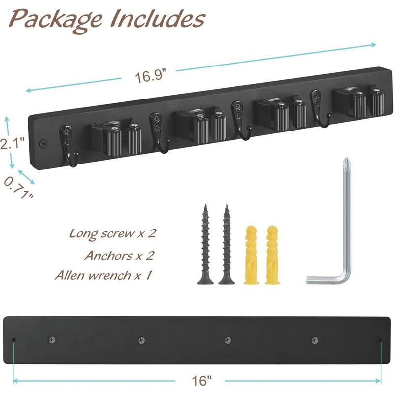 Wood Mop Broom Holder Wall Mount with 4 Slots & 4 Hooks - 1 Pack