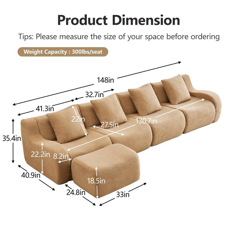 Modern Boneless Teddy Fabric Sectional Sofa with High Density Sponge