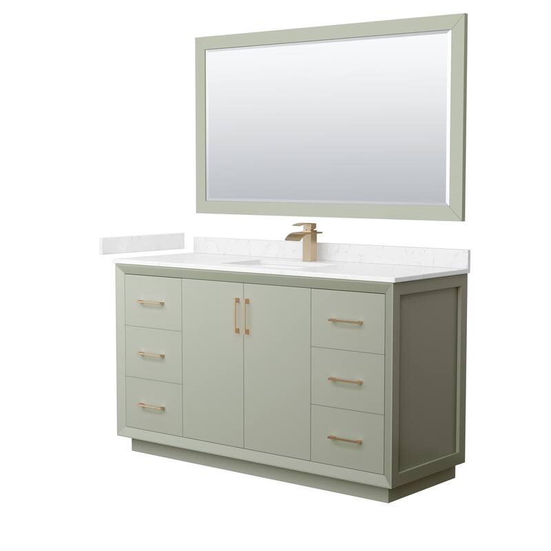 Strada 60-Inch Single Vanity Set, Cultured Marble Top, 58-Inch Mirror - Light Green, Bronze Trim, Carrara Cult. Marble Top