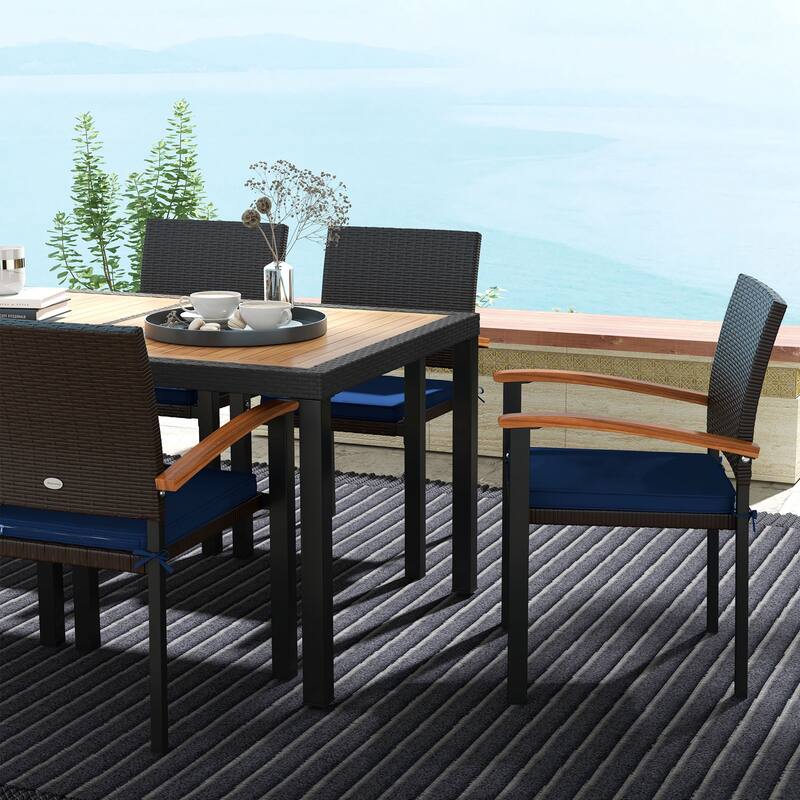 Outsunny 7 Pieces Patio Dining Set with Space-Saving Design, Wicker Patio Furniture Set Outdoor Dining Set with Acacia Wood