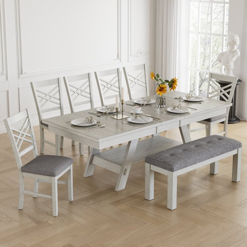 VECELO 6/8-Piece Dining Table Set with Bench, Solid Wood Rectangular Extendable Dining Table & 4 Solid Wood Dining Chairs - 8-Piece Sets
