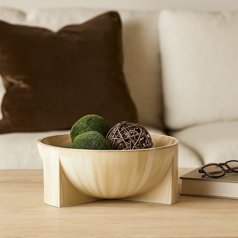 Modern Ceramic Decorative Bowl Sculptural Curved Base - 6", Tan - 13.0"