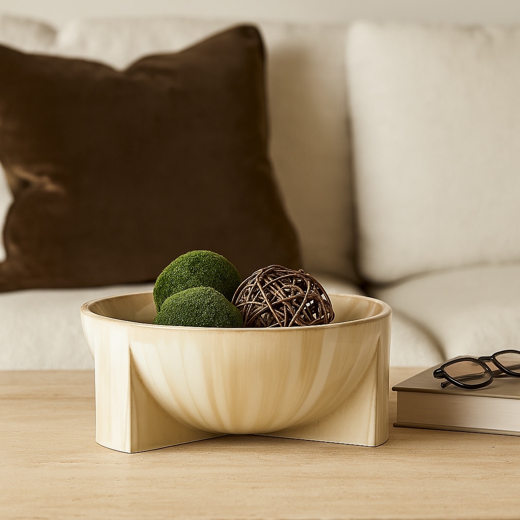 Modern Ceramic Decorative Bowl Sculptural Curved Base - 6", Tan - 13.0"