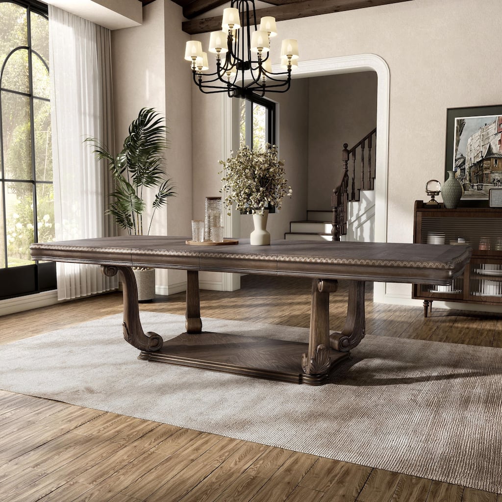 Furniture of America Cassian Traditional Weathered Oak 108-inch Solid Wood Expandable Dining Table