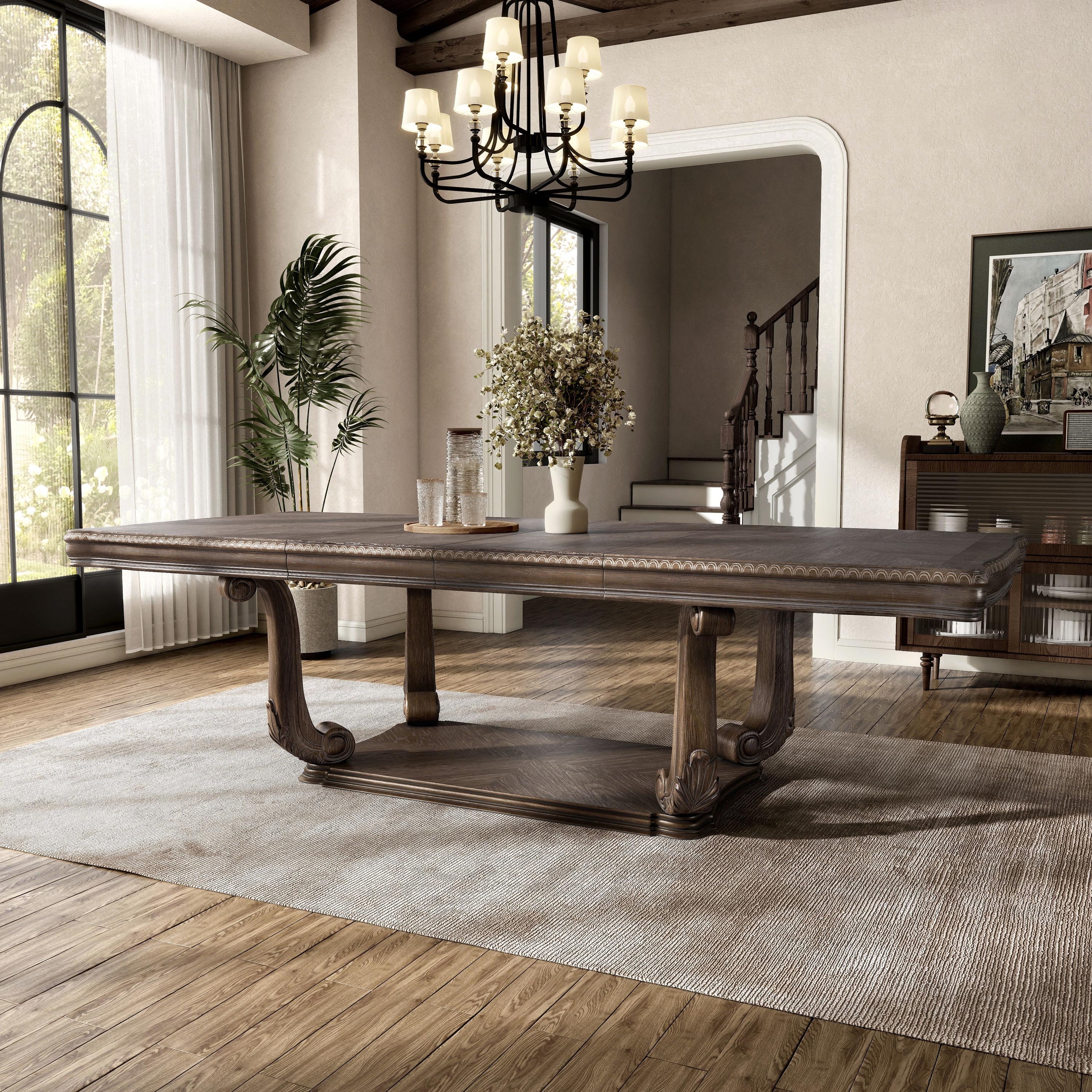 Furniture of America Cassian Traditional Weathered Oak 108-inch Solid Wood Expandable Dining Table
