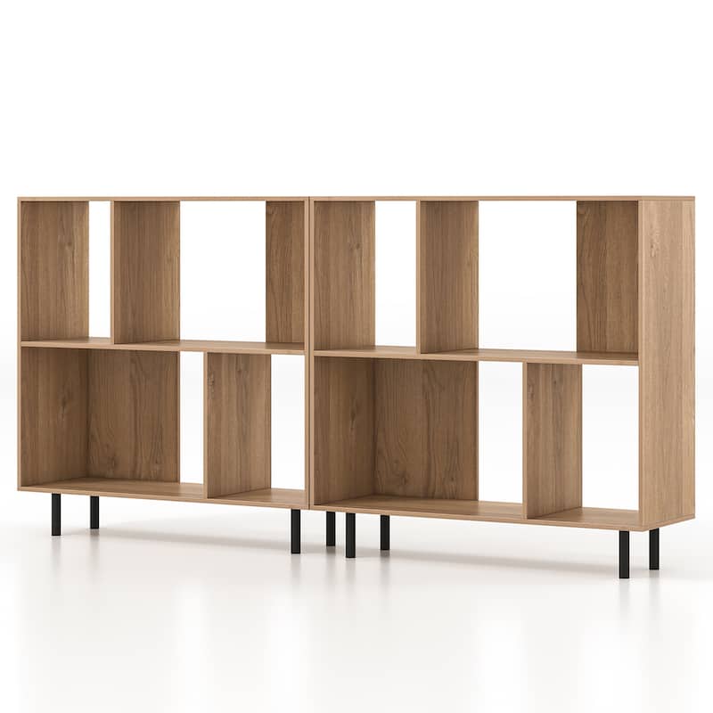 Gymax 2PCS 4 Cubby Open Bookcase 3-Tier Freestanding Bookshelf w/ - Natural