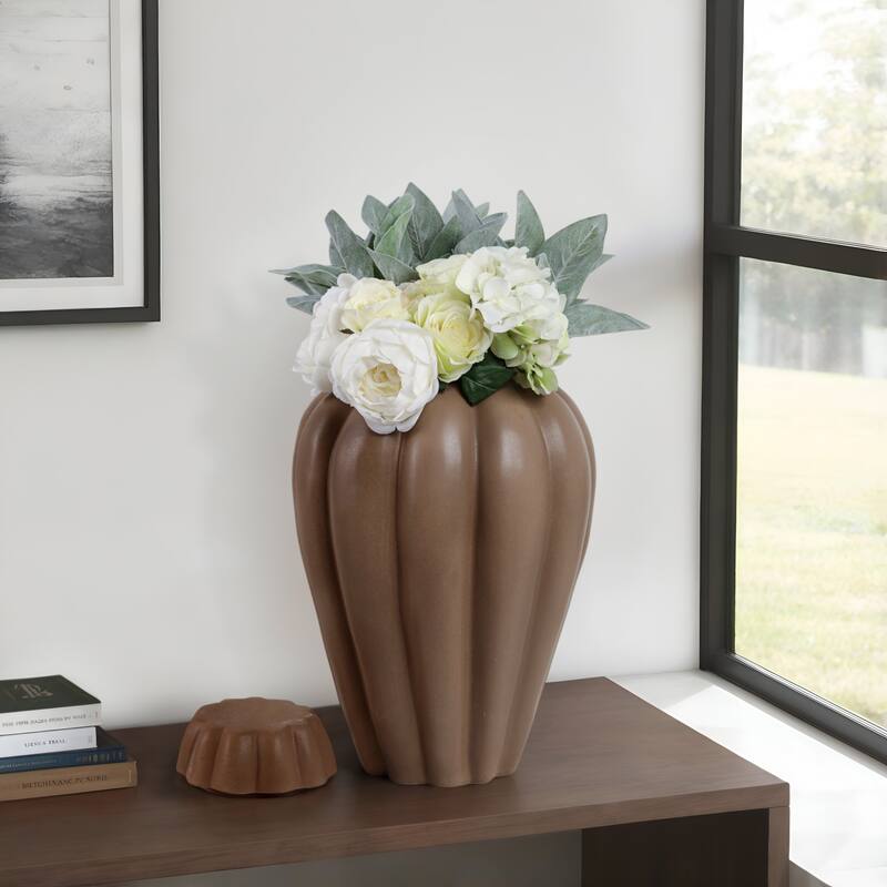 Stoneware Decorative Jar with Lid Fluted Sculpted Silhouette Style - 12" x 12" x 18"