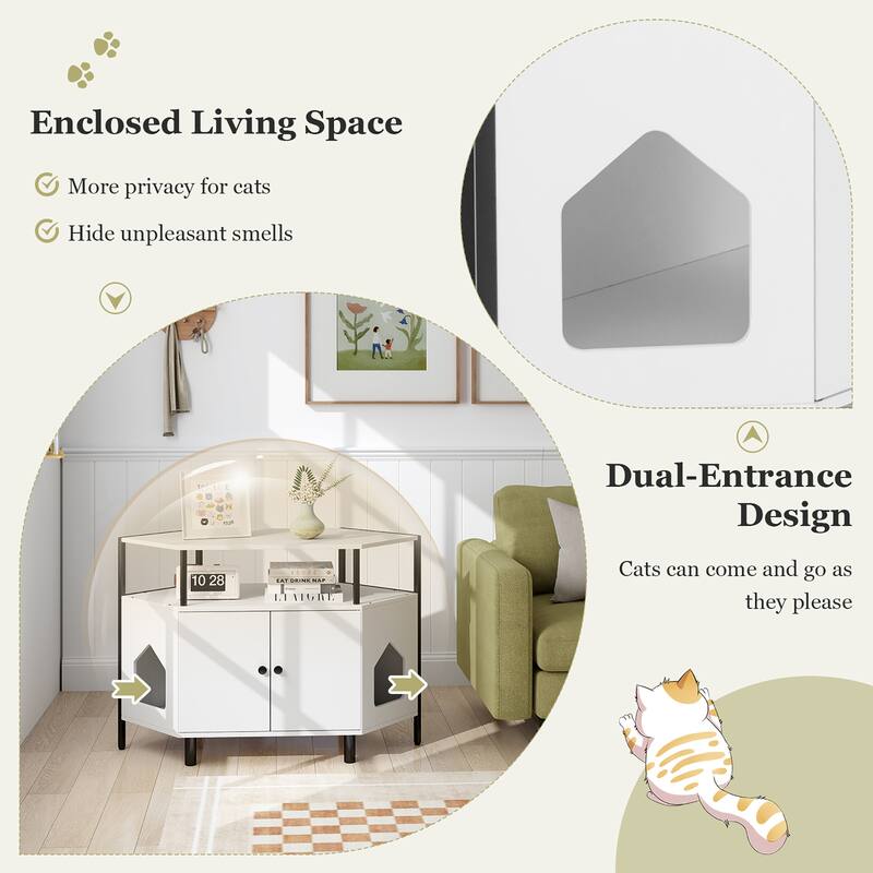 Gymax Corner Cat Litter Box Enclosure End Table w/ Open Shelf 2