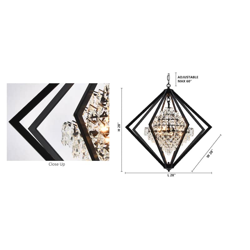4-Light Black Diamond Cage Chandelier With Clear Hanging Crystals