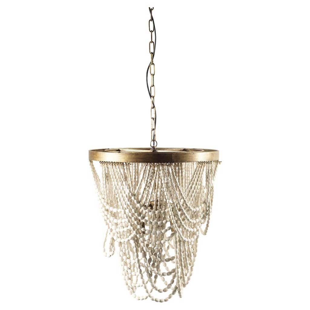 Pendra Gold Metal w/ Whitewashed Wooden Beads & 3 Bulbs Chandelier - 26"W x 26"D x 23"H