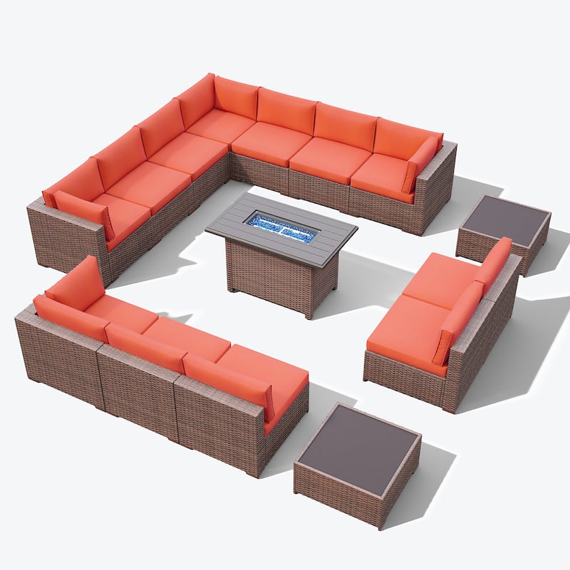 15 Piece Wicker Set Patio Sofa Furniture with Fire Pit And Table