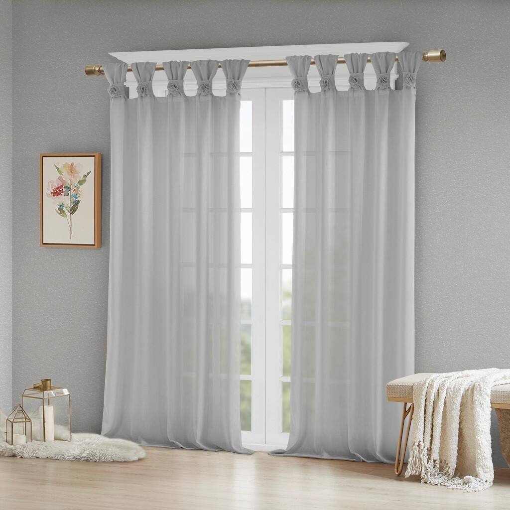 Floral Embellished Cuff Tab Top Solid Curtain Panel