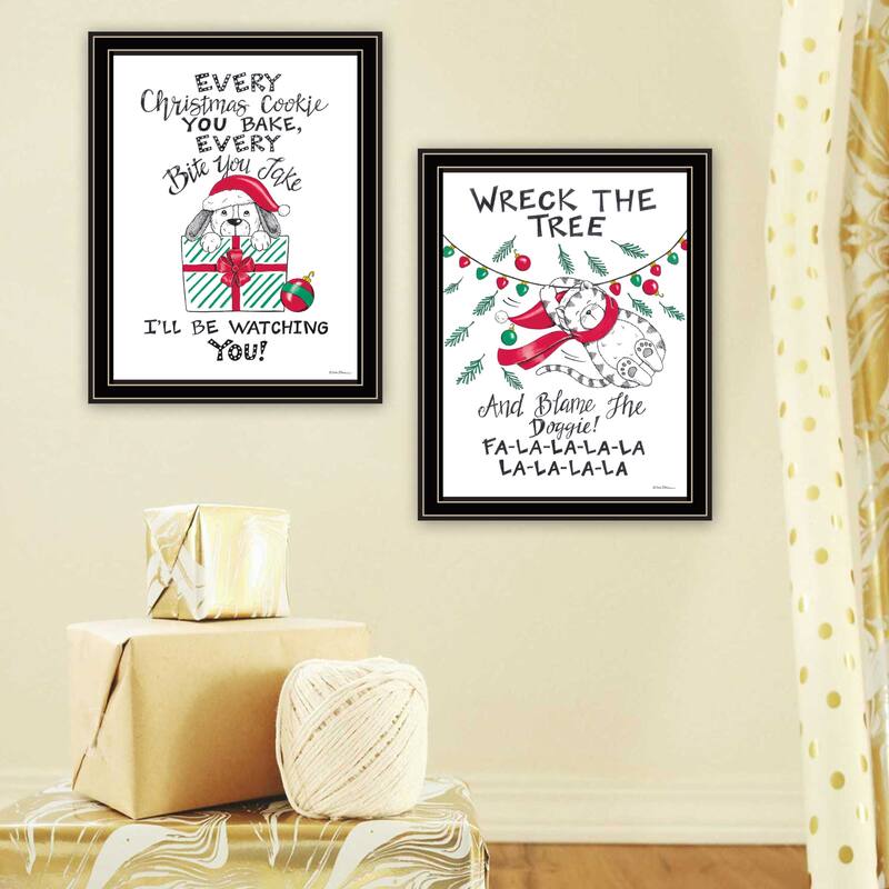 2-Piece Framed Wall Art Set - Cat & Dog Christmas Enjoyment, Black Frame