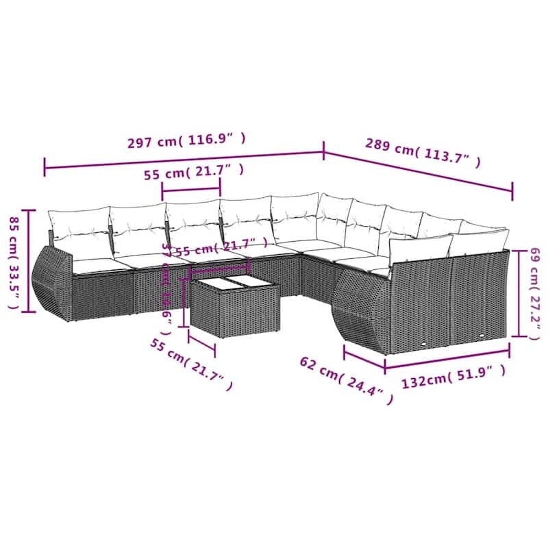 vidaXL 10 Piece Patio Sofa Set with Cushions Grey Poly Rattan - 24.4" x 24.4" x 27.2"