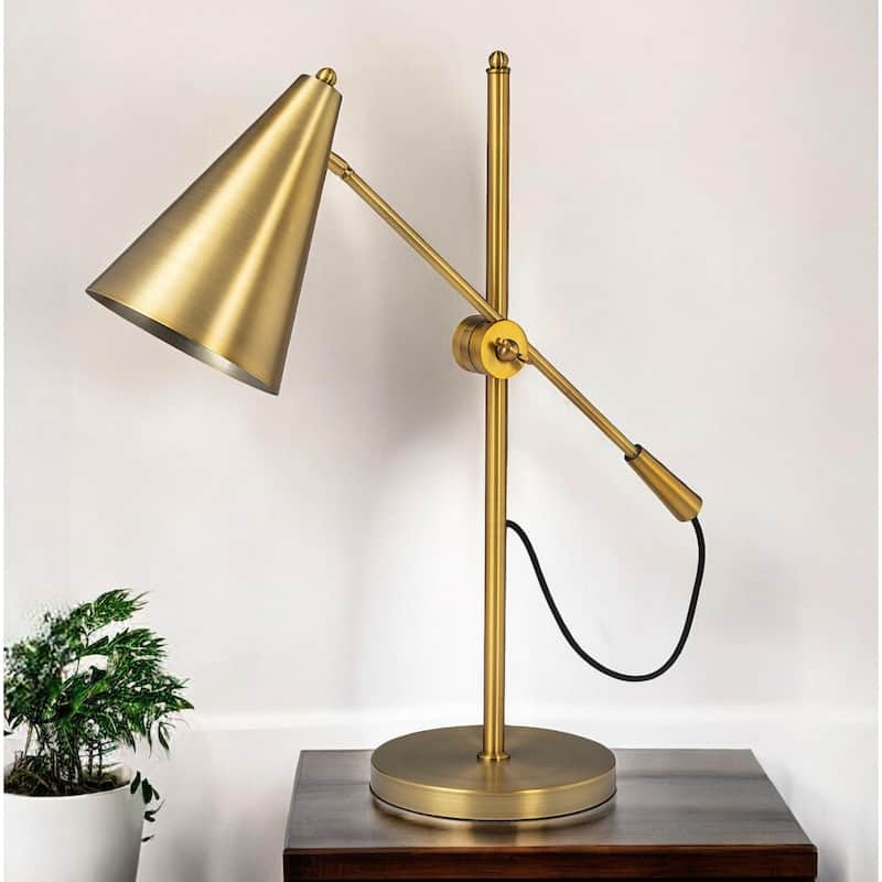 Gold Metal Lamp Base with Swing Arm Slip UNO Fitter In-Line Switch - 8.5” x 27” x 26” (D x W x H)