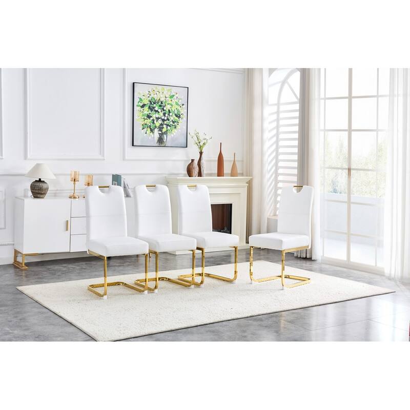 Set of 4, 15.7" PU Upholstered Dining Chairs with Golden Metal Legs - White