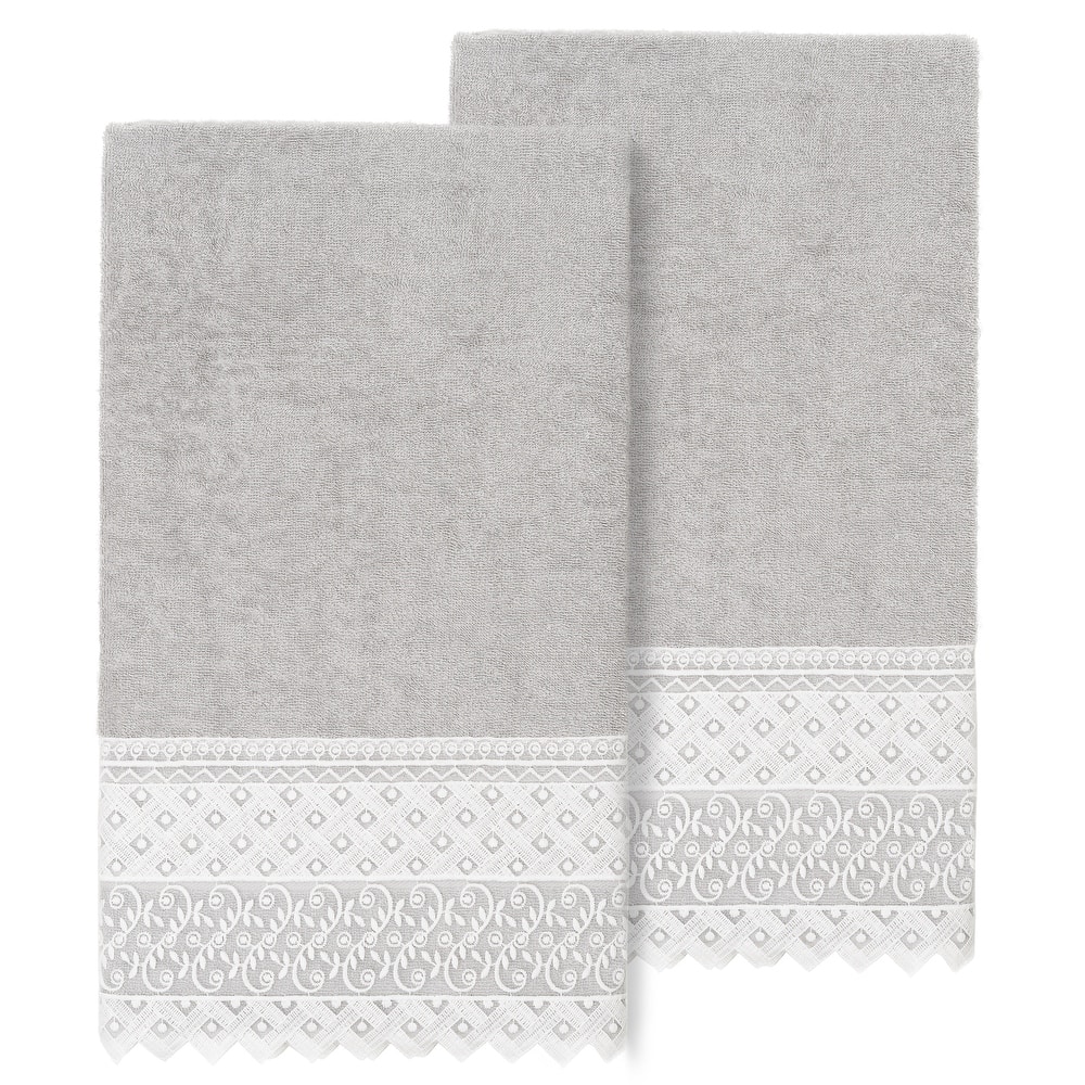 Authentic Hotel and Spa Turkish Cotton Aiden 2PC White Lace Embellished Bath Towel Set