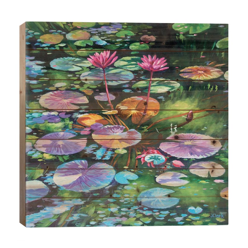 Pink Water Lilies Print On Wood by John Clark - Multi-Color - 26x26x1.5