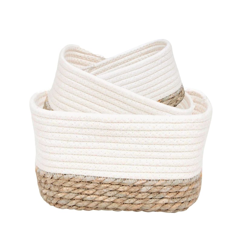 Cotton Storage Baskets Organizer Padang Set of 3 - 9 in. L x 5.9 in. D x 5.3 in. H - White / Natural