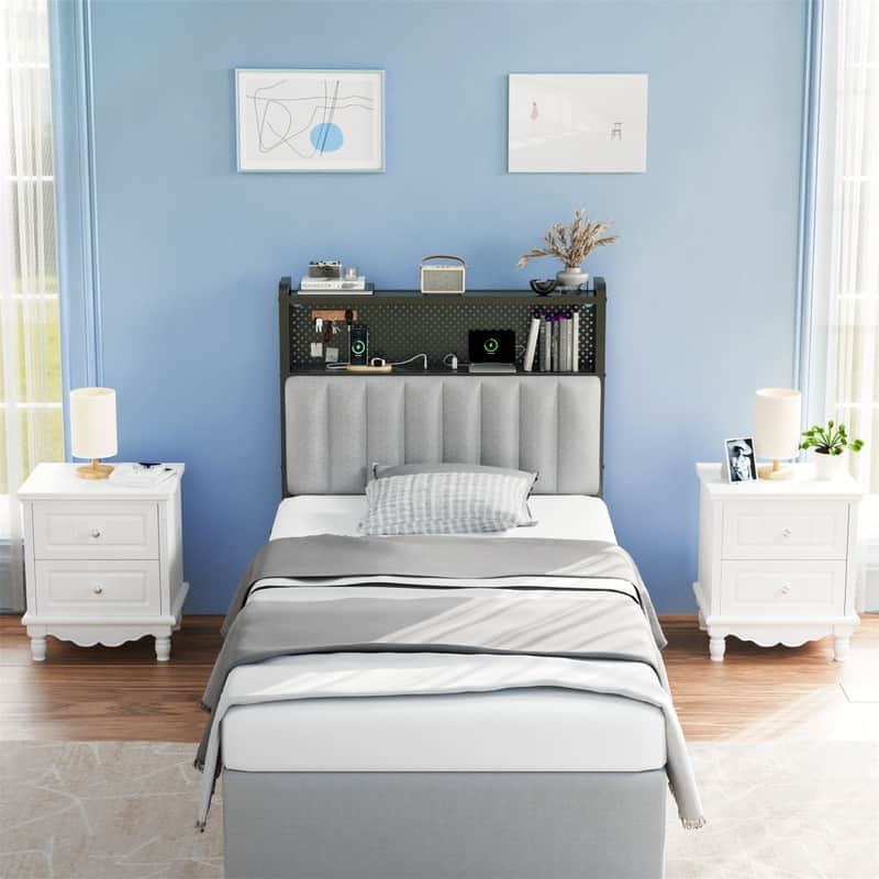 Adjustable Upholstered Headboard with 2 Tier Shelves with Charging Stations and LED Lights, Modern Bed Headboard with Storage