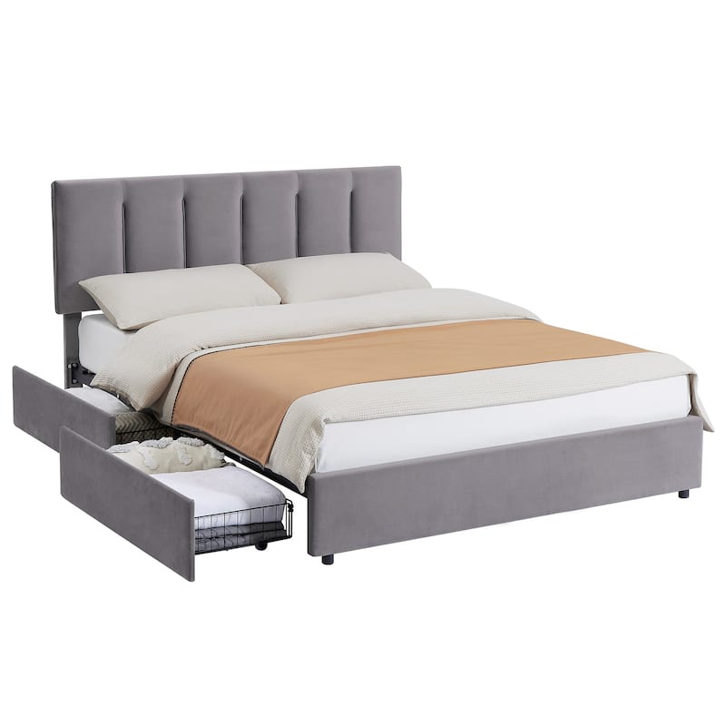 Javlergo Bed Frame with Storage Drawers, Upholstered Platform Bed Frame with Adjustable Headboard