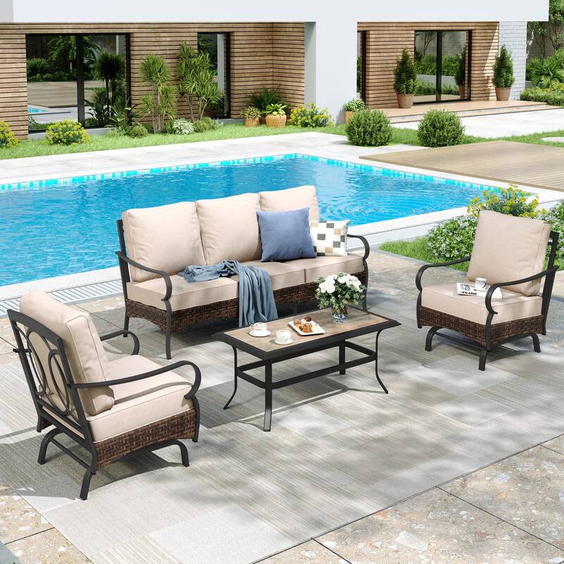 MAISON ARTS 4-Piece Rattan Wicker Patio Furniture Set with Swivel Chairs and Coffee Table for Outdoor Spaces - Rocking Chair - Beige