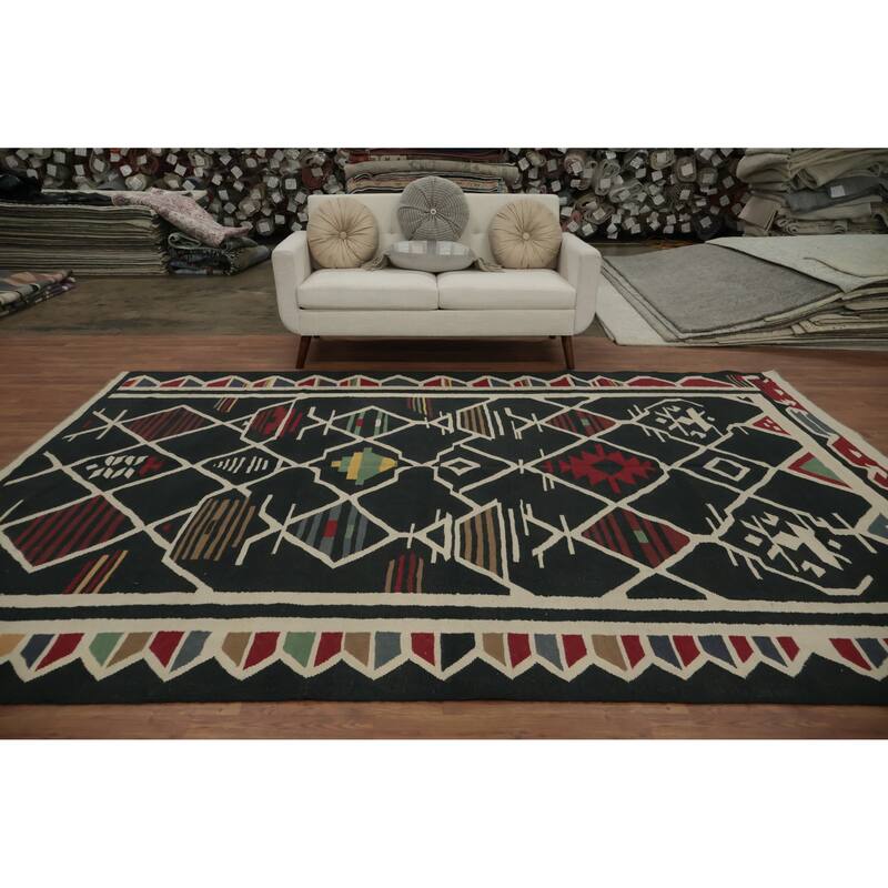 Hand Woven Oriental 100% Wool Carpet Southwestern Tribal Black Kilim Area Rug - 11' 2'' X 8' 0''